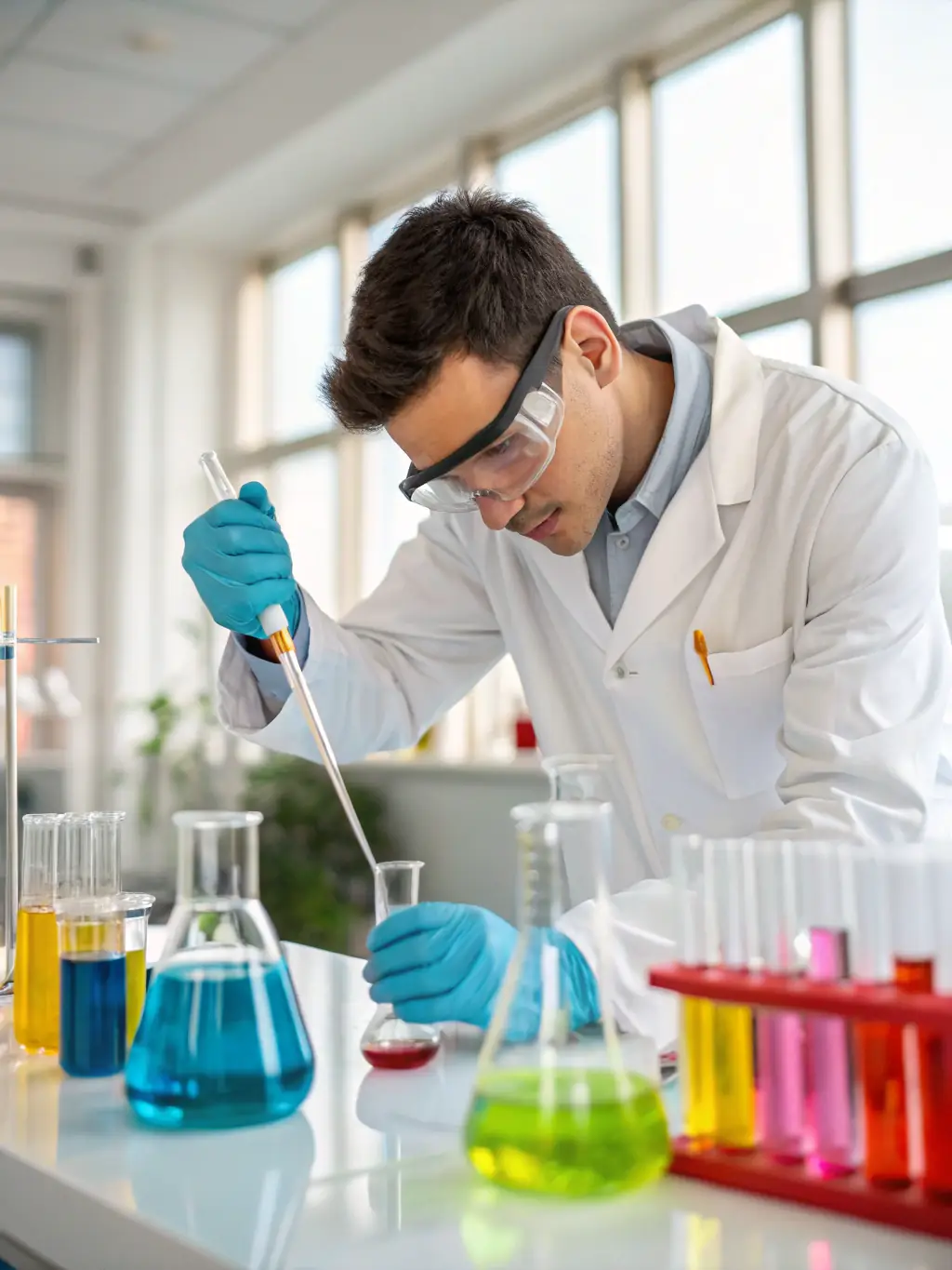 A laboratory setting with a chemist in a lab coat carefully examining a vial of chemical solution, highlighting the scientific rigor behind Chemlab Solutions' product development.