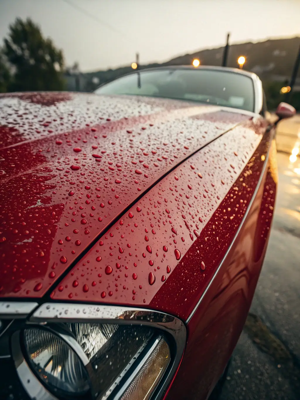 A close-up shot of a car's surface being treated with a protective coating, demonstrating its hydrophobic properties and resistance to water spots.