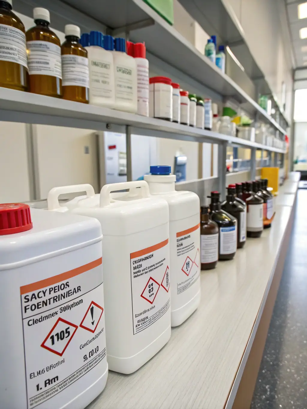A collection of various cleaning products neatly arranged on a shelf, showcasing the variety and comprehensive nature of Chemlab Solutions' product line.