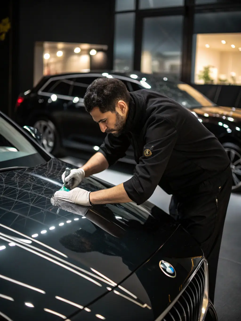 A close-up shot of a bottle of car wax being applied to a car's hood, with a focus on the glossy reflection and smooth application.