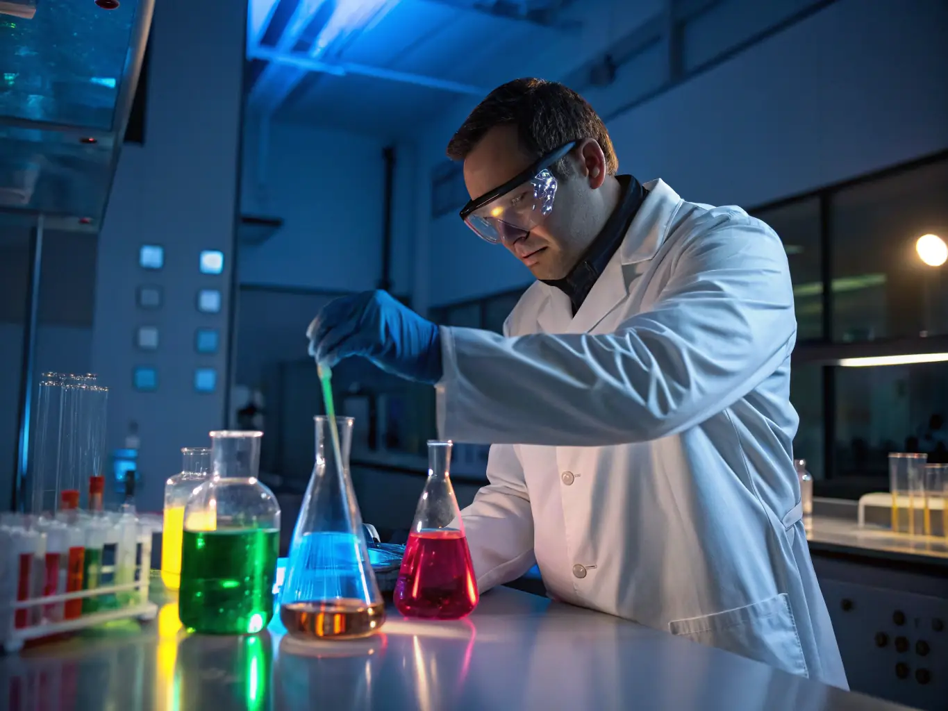 A laboratory setting with a scientist in the background, focusing on various chemical formulations and quality control processes. The image conveys scientific credibility and innovation.