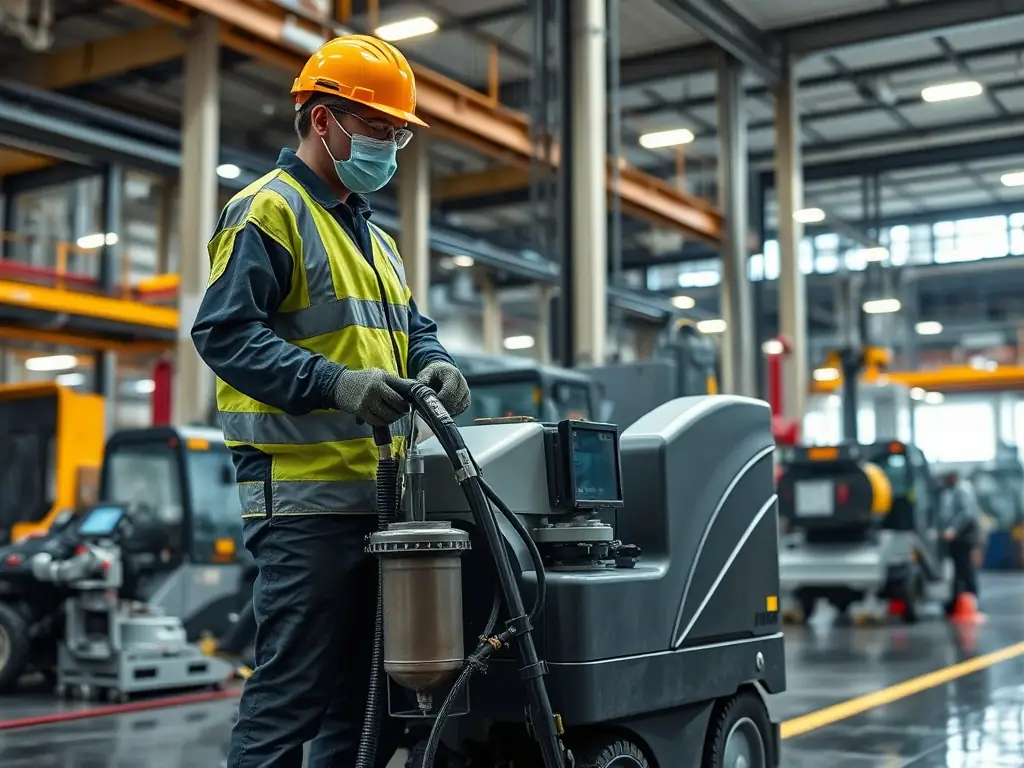 A clean and organized industrial setting where Chemlab Solutions' industrial cleaning solutions are being used to maintain equipment. The image emphasizes safety and efficiency.