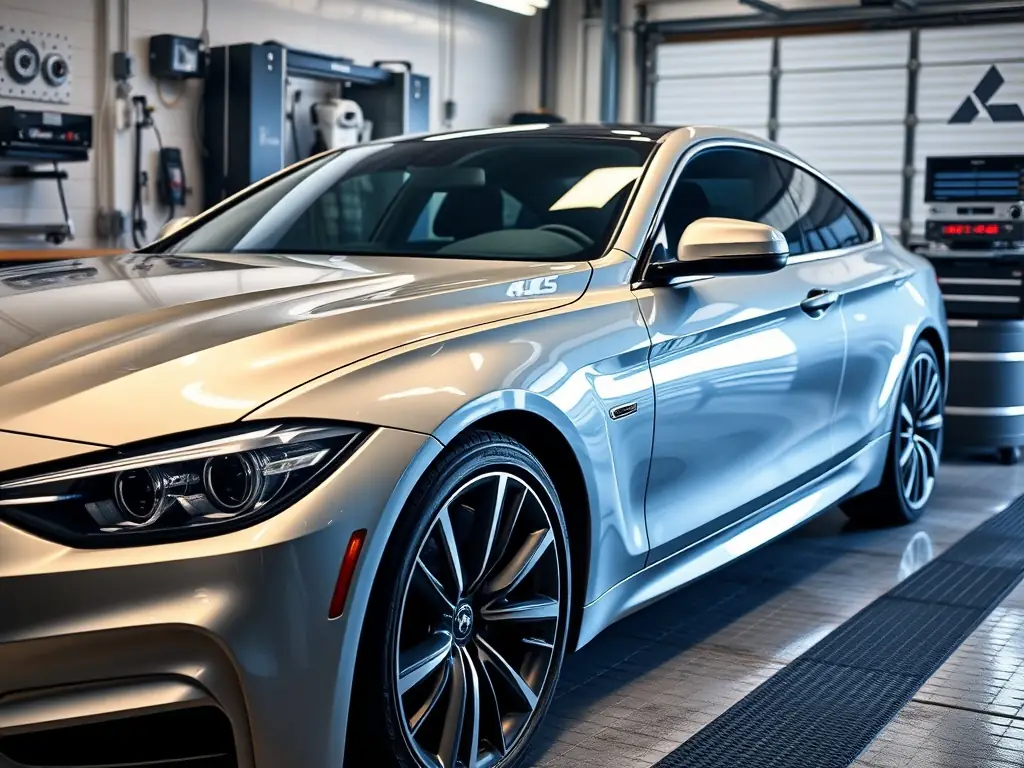 A close-up shot of a freshly detailed car, showcasing the deep shine and hydrophobic properties achieved with Chemlab Solutions' car care products. The background features a professional detailing studio.